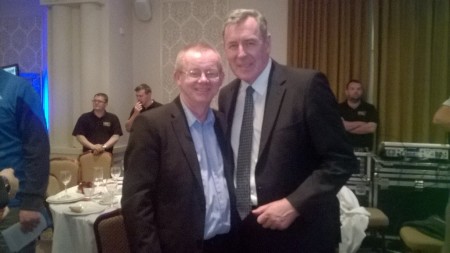 Sinn Fein councillor Eric McGinley pictured with legendary Ireland goalkeeper Packie Bonner at sports awards