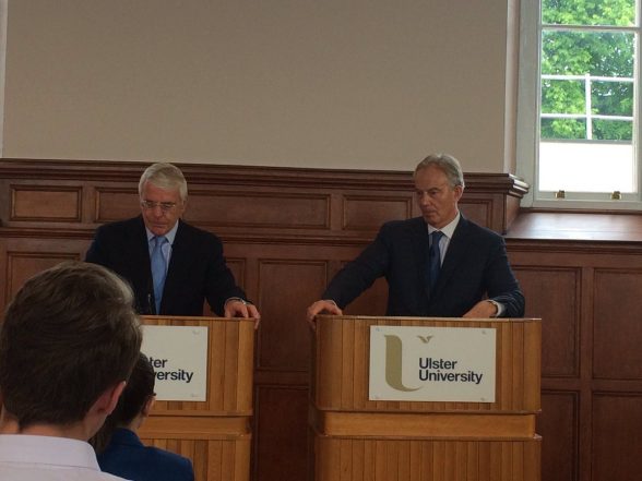 Sir John Major and Tony Blair speaking at Magee College urging people back the 'Remain' campaign