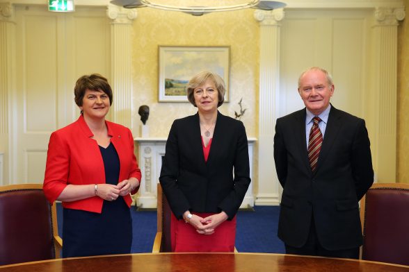Prime Minister Theresa May is pictured with First Minister Arlene Foster, deputy First Minister Martin McGuinness at Stormont Castle, Belfast. Photo by Kelvin Boyes / Press Eye