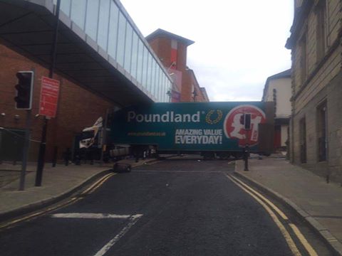 The Poundland lorry which smashed into Foyleside Shopping centre this morning