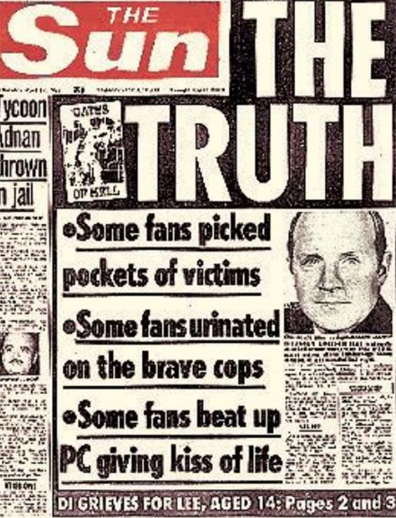 The Sun's front page published after the Hillsborough disaster which sullied the names of 96 dead Liverpool fans