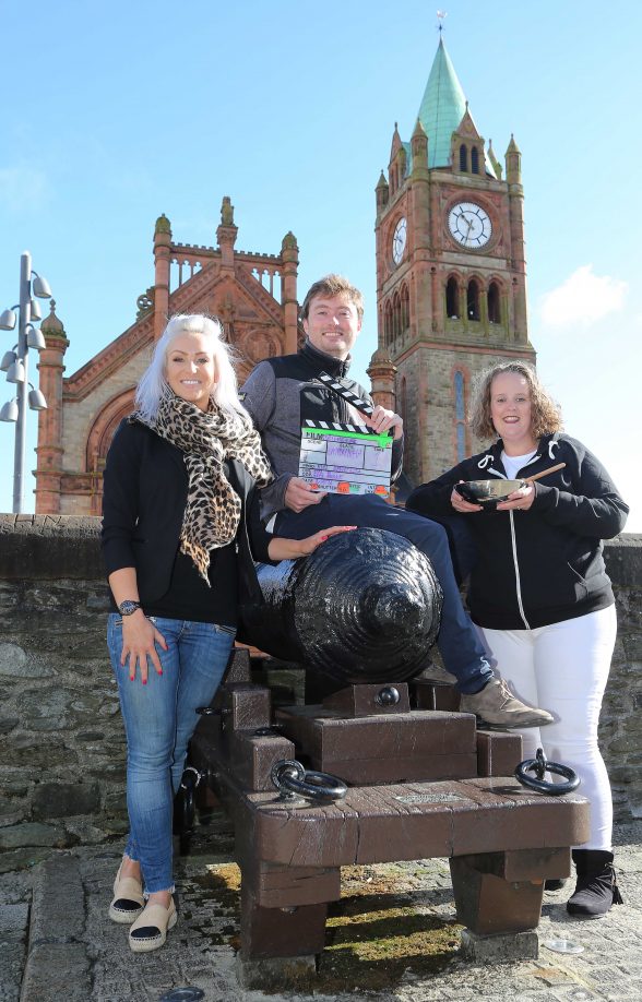 Picture shows Kerryann Dunlop ( right) from Jamie Olivers Food Tube channel with Aoife McHale, Visit Derry (left)  and Des Burke, Tourism Ireland (centre) on the citys historic Walls. Pic by Lorcan Doherty 
