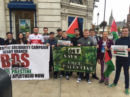 A section of crowd at Derry IPSC solidarity demonstration outside Bank of Ireland on the Strand Road against the banks decision to close down three accounts belonging to Palestine support groups without explanation.Its was part of demonstrations across Ireland.
