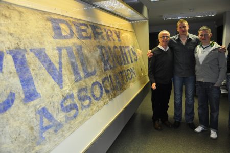 Sinn Féin Foyle MLA Raymond McCartney and Councillor Colly Kelly meeting world renowned Irish singer Damien Dempsey on a visit to Museum of Free Derry