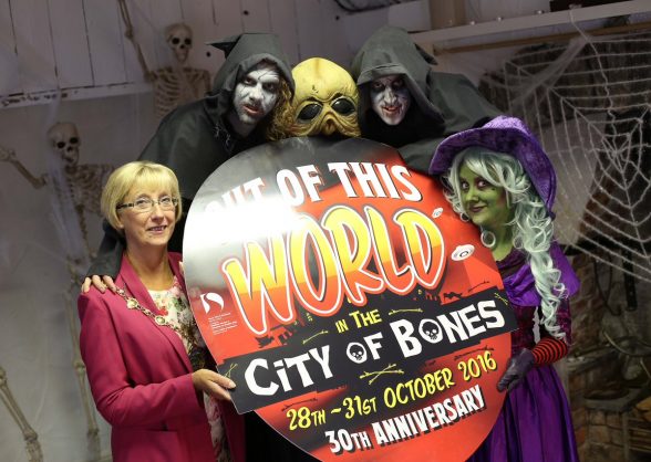 OUT OF THIS WORLD....Mayor Hilary McClintock promoting this evening's Hallowe'en' celebrations in Derry 