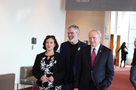 Mary Lou McDonald with Sinn Fein president Gerry Adams and Martin McGuinness