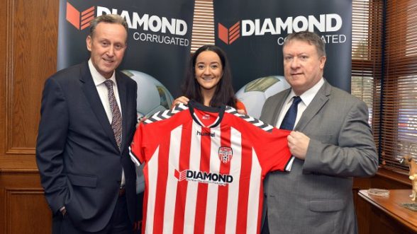 Paul Diamond managing director Diamond Corrugated, Orlaith Meenan marketing manager Derry City FC and Philip ODoherty chairman Derry City FC pictured at the announcement of a new 3 year sponsorship deal between Diamond Corrugated and the Candy Stripes.
