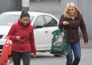 Two of the Romanian women leaving Letterkenny district court yesterday after they were charged with allowing a premise to be used as a brothel
