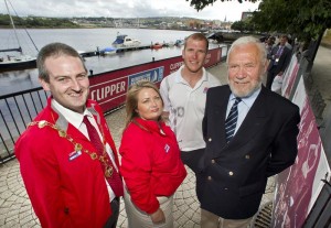 Mayor of Derry Martin Reilly and the city's Town Clerk and Chief Executive Sharon O'Connor give best wishes to skipper Sean McCarter before he set off for the start of the race. Includes , founder and chairman of Clipper Race, renowned yachtsman Robin Knox-Johnson. Liam McBurney/PA Wire.