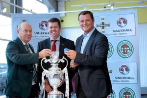 Jim Magilton (right),  Irish FA elite performance director and Ian Duncan (left), Charles Hurst Vauxhall, making the draw for the NI Senior Schools Cup. Photo: Matt Mackey / Press Eye