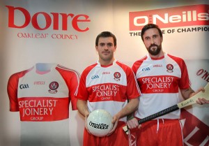 Senior hurling and football captains Ruairi Convery and Mark Lynch sporting the new Derry jersey. 
