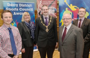 From  left, Keith Robinson, Hughes Insurance, Cllr Angela Dobbins, Mayor Martin Reilly, Seamus McAnee, treasurer and Gareth Finlay, Hughes Insurance at the launch of the Sports Awards. Photo: Martin McKeown, Inpresspics.com. 