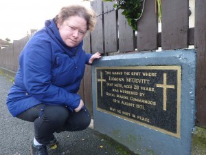  'Hands On' Presenter Alvean Jones at the plaque marking the spot where Eamonn McDevitt was killed by the British Army on 18th August 1971.