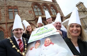 Mayor Cllr Martin Reilly with Mary Blake, Derry City Council Tourism Officer, Michelle Shirlow, Food NI, Brian McDermott, RTE ‘No Salt Chef’, John McKenna Bridgestone and McKenna Guide, Julie-ann Moorehead, DARD NI Regional Food Programme at the LegenDerry Food Festival.