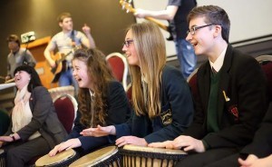 Pupils taking part in the interactive drum workshops. Photo: Lorcan Doherty Photography.