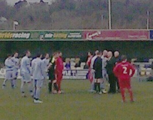 Dundela manager Mark Snodden argues with the referee. 