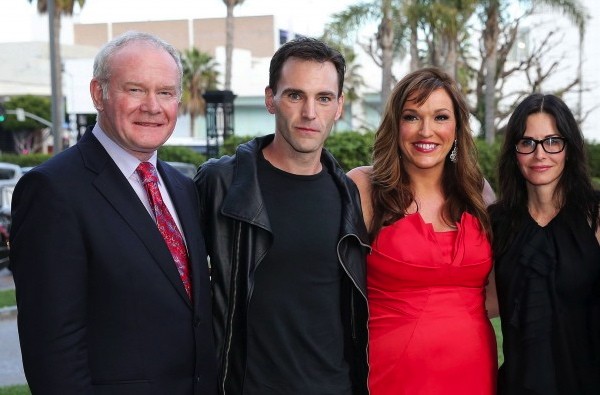 Martin McGuinness with Joan Burney Keatings, chief of Cinemagic and Derry man Johnny McDaid, from Snow Patrol, and his partner actress Courteney Cox at the LA Cinemagic Festival. Photo: Kelvin Boyes?Presseye.