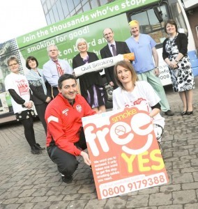 Peter Hutton at the launch of the Western Trust's smoke free sites. Included are Dr Maura O'Neill (front), Head of Health Improvement, Western Trust and (back from left) Mary Campbell, Smoking Cessation Nurse; Gerry Bleakney, Strategic Lead for Tobacco Control, Public Health Agency ; Dr Albert McNeill, Lead Clinician for Cardiology and Co-Chair of the Western Trust’Smokefree Group; Elaine Way, chief executive; Gerard Guckian, chairperson, Western Trust; Mr Ken McCune, consultant surgeon; and Teresa Molloy, Director of Performance and Service Improvement. 