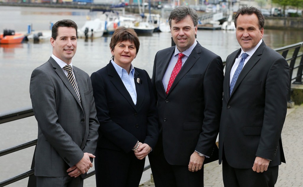 From left, Scott McGimpsey, Principal Network Delivery Manager, EE; Enterprise Minister, Arlene Foster; Alastair Hamilton, Chief Executive, Invest NI and Mike Wooden, Convergys Chief Commercial Officer, at the announcement of 333 new jobs for Derry. Photo: Kelvin Boyes / Press Eye.