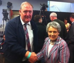Mary Hamilton is congratulated on being elected by SDLP MLA Pat Ramsey.
