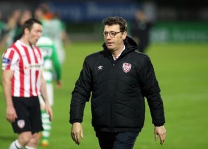 Roddy Collins leaving the Brandywell pitch for the last time following the 1-0 defeat by Shamrock Rovers. Photo: Lorcan Doherty