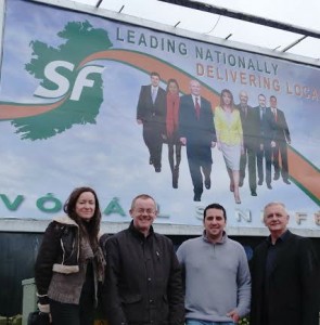 Sinn Fein election candidates, from left, Cllr Bridget Meehan, Cllr Eric McGinley,Waterside representative Christopher Jackson and Cllr Paul Fleming at the launch of the party's billboard campaign.