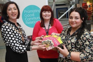 Derry Mayor Councillor Brenda Stevenson, with Derry City Council’s Community Relations officers Helena Kearney and Michaela Devine, by their stand in the Foyleside Shopping Centre, promoting the Community Relations Week. (Photo: Maurice Thompson)