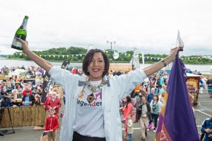 Mayor Brenda Stevenson celebrates the Derry Clipper's victory at the Legenderry Maritime Festival.