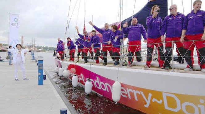 Derry Mayor Brenda Stevenson welcomes the crew of the Derry Clipper to the Foyle Marina.