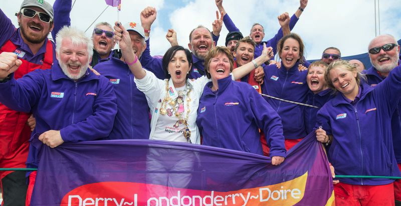 Breidge Boyle celebrates arriving home in Derry with the city's Mayor Brenda Stevenson.