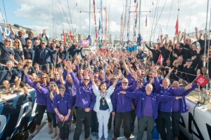 Mayor of Derry Brenda Stevenson with the Clipper crews before leaving Derry yesterday.