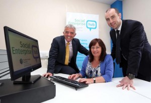 Junior Ministers Jonathan Bell and Jennifer McCann with Brian O'Neill, Hub manager (right). Photo: Lorcan Doherty Photography