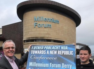 Sinn Féin Foyle MLA Raymond McCartney and Councillor Colly Kelly outside the Millennium Forum which will be the main venues for the Ard Fheis in Derry.
