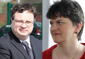 Under fire: Stephen Farry and Arlene Foster.