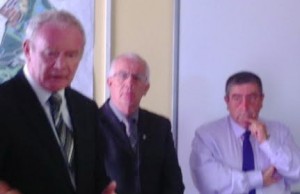 Deputy First Minister Martin McGuinness speaking at this morning's announcement. Included are Noel McCartney, chairperson, local Social Development Fund (centre) and Peter McDonald, chairperson, Greater Shantallow Area Partnership.