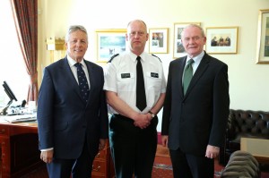 New PSNI Chief Constable George Hamilton with Peter Robinson and Martin McGuinness.