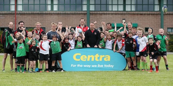 Ulster rugby stars, Neil McComb, Bronson Ross and Kyle McCall with youngsters at the Centra Ulster Rugby Summer Camp at City of Derry.