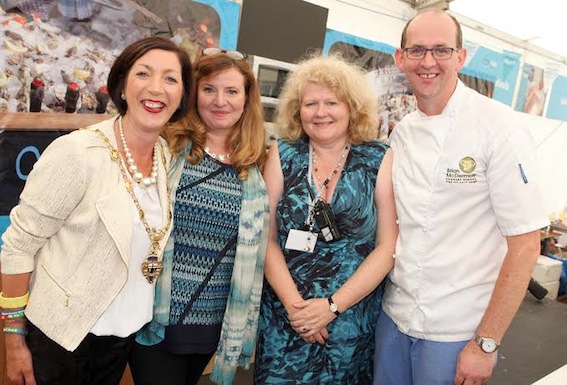 The Mayor Brenda Stevenson, on her visit to the Foyle Seafood Festival in Guildhall Square, pictured with Mary Blake, festival organiser, Michelle Shirlow, with Food NI and community chef Brian McDermott. 