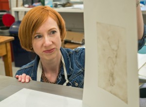 Fionnuala Kearney examines her finished print.