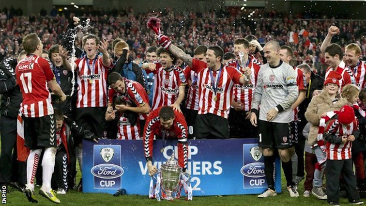 Derry City celebrate winning the FAI Cup in 012.