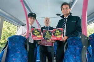 Inspector Donna Bowden, Alderman Drew Thompson, PCSP chair and Tony McDaid from Translink, at the launch of the "No Boozing On Board" campaign. Picture Martin McKeown. Inpresspics.com.