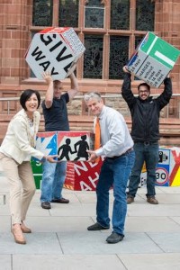 Martin McClelland (beside Mayor) celebrates with the Mayor Brenda Stevenson and American crafter/maker Boris Bally after he was awarded the Boris Bally Bursary Award Photo:  Martin McKeown. Inpresspics.com. 