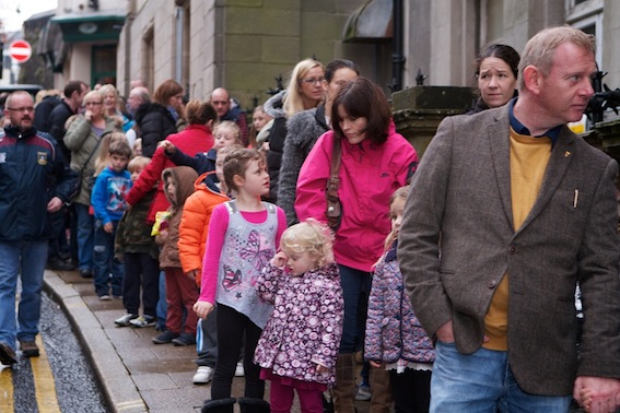 The long queue waiting to get into St Columb's Hall.