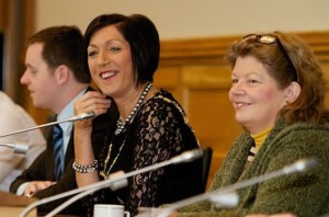 Mayor of Derry Cllr Brenda Stevenson "chairing" a "council" meeting of local students held in the Guildhall as part of Democracy Week.