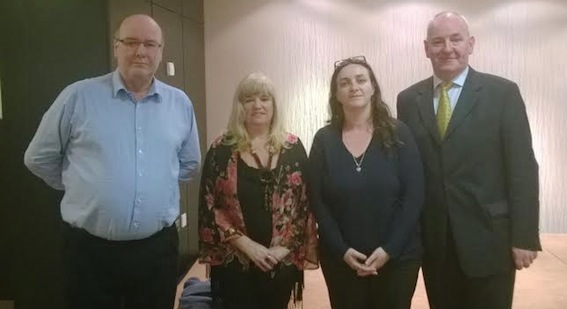 Speakers at the welfare rights meeting in Derry's Tower Hotel were, from left, Dermot O'Hara, manager, Destined, Sinn Fein Foyle MLA Maeve McLaughlin, Kathleen Bradley, Dove House Welfare Rights Service and SDLP Foyle MP Mark Durkan.