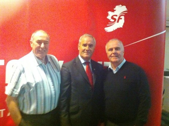 Gearóid Ó hEára (centre) is congratulated by SInn Fein MLAs Mitchel McLaughlin (left) and Raymond McCartney on being selected as the party's candidate for the Foyle constituency in May's Westminster election. 