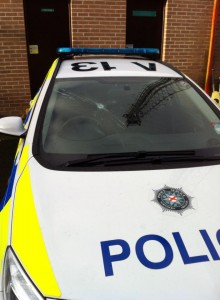 The damaged windscreen of the police car which was hit by a paint bomb in Strabane on Tuesday night last.