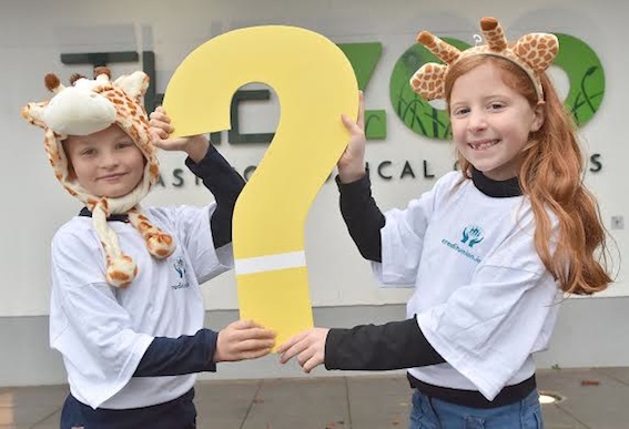 Brandon Corr (8)  and Charlotte Vance (8) brush up on geography and animals of the world at Belfast Zoo at the launch the 24th All Ireland Credit Union Schools Quiz. 