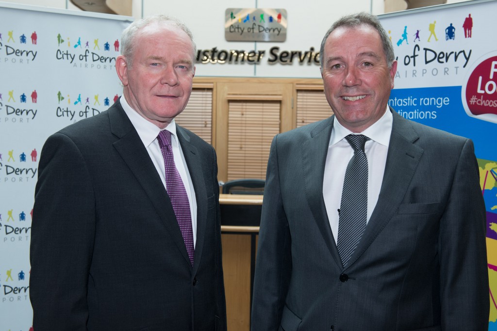 Northern Ireland Deputy First Minister Martin McGuinness pictured with City of Derry Airport Operations Ltd Chairman Roy Devine. Picture Martin McKeown. Inpresspics.com. 03.06.15