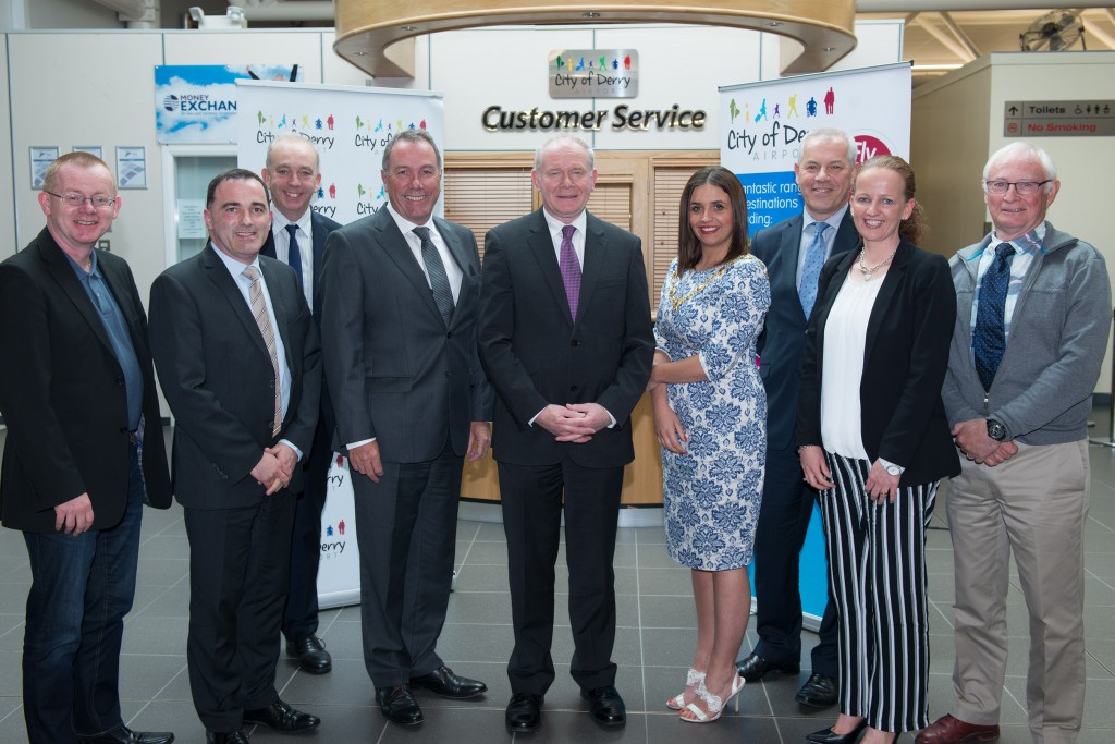 Northern Ireland Deputy First Minister, Martin McGuinness and Derry City and Strabane District Council Mayor, Councillor Elisha McCallion pictured with members of the Board of City of Derry Airport Operations Ltd. Included from left are Councillor Eric McGinley, Paul Byrne, Clive Coleman, Contracts Director, Regional & City Airports, Roy Devine, Chairman, John Kelpie, Chief Executive, Derry City and Strabane District Council and Denise McDonnell, Derry City and Strabane District Council. Picture Martin McKeown. Inpresspics.com.